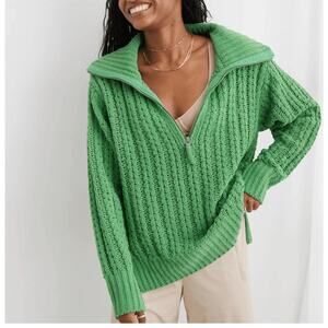 Aerie Cable Car Quarter Zip Sweater chunky knit zippered collar Green SZ L